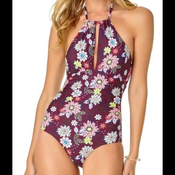 Anne Cole In Full Bloom Shirred Front One Piece Swimsuit 12 - Picture 1 of 6